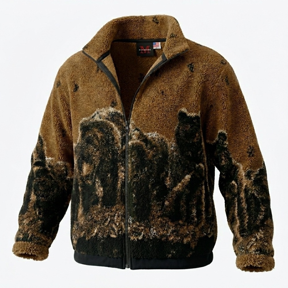 Vintage‎ 90s MAZMANIA Grizzly Bear Fleece Jacket Made in USA Gorpcore Sherpa Med